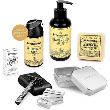 НОВИНКА Strtebekker Premium Shower & Shave Essential Set - Набір для гоління та душу для чоловіків - з безпечною бритвою, гелем для гоління, бальзамом після гоління, квасцовим каменем, твердим шампунем та алюмінієвою мильницею (чорний/чорний) Чорний / Чор