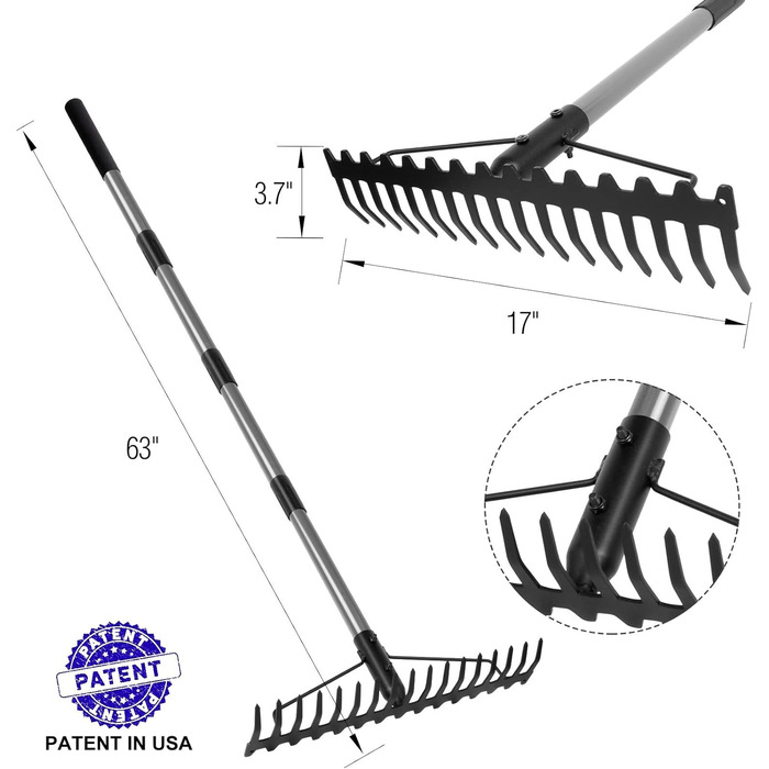 Граблі садові Walensee, граблі металеві 165см, граблі з 17 сталевими зубцями, з ручкою з нержавіючої сталі, для розпушування ґрунту та вирівнювання газонів, віники для листя, граблі для газонів, граблі для сіна для газонів та листя