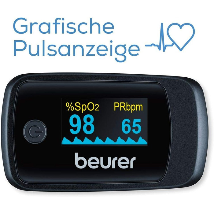 Пульсоксиметр Beurer PO 40, вимірювання насичення крові киснем (SpO), частоти серцевих скорочень (пульсу) та індексу перфузії (PI), безболісне нанесення, кольоровий дисплей, (чорний, одинарний)