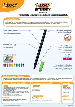 Фломастери BIC Intensity, для малювання для дорослих і дітей, в 24 кольорах, що миються, з міцним наконечником, в картонному кейсі (2 шт. и в упаковці) 24 шт. и (2 шт. в упаковці) 24 фломастери одинарні