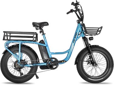 Дюймовий Fat Tire Cargo E-Bike для жінок та чоловіків, потужний електровелосипед з двигуном 48В та акумулятором 15Аг, 7 передач, легка алюмінієва рама з підвісною вилкою, багажник синього кольору., 20-