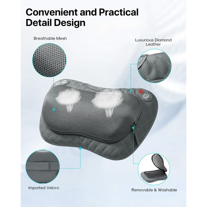 Масажна подушка ALLJOY з функцією нагрівання, масажер шиацу для шиї, плечей і спини, масажер для спини з 3D-обертовими масажними головками, поліуретанова шкіра, подарунок для чоловіків, жінок (сірий-акумуляторний)
