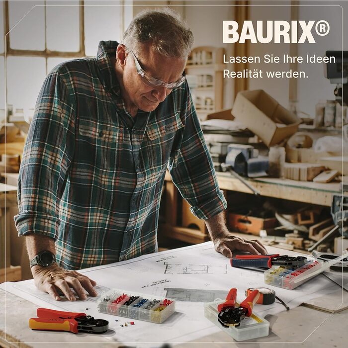 Обтискні кліщі BAURIX, в т.ч. 300 штук плоских бочок Набір обтискних кліщів I для з'єднувачів 0,50-2,50 мм I обтискні кліщі інструмент, обтискні кліщі, плоскогубці, обтискний інструмент KAIRON