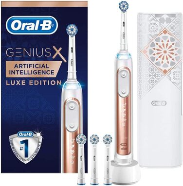 Електрична зубна щітка Oral-B Genius X Luxe Edition зі штучним інтелектом, розпізнаванням технологій чищення та додатком Bluetooth, 6 програм чищення, зарядний дорожній кейс, 4 щітки, рожеве золото