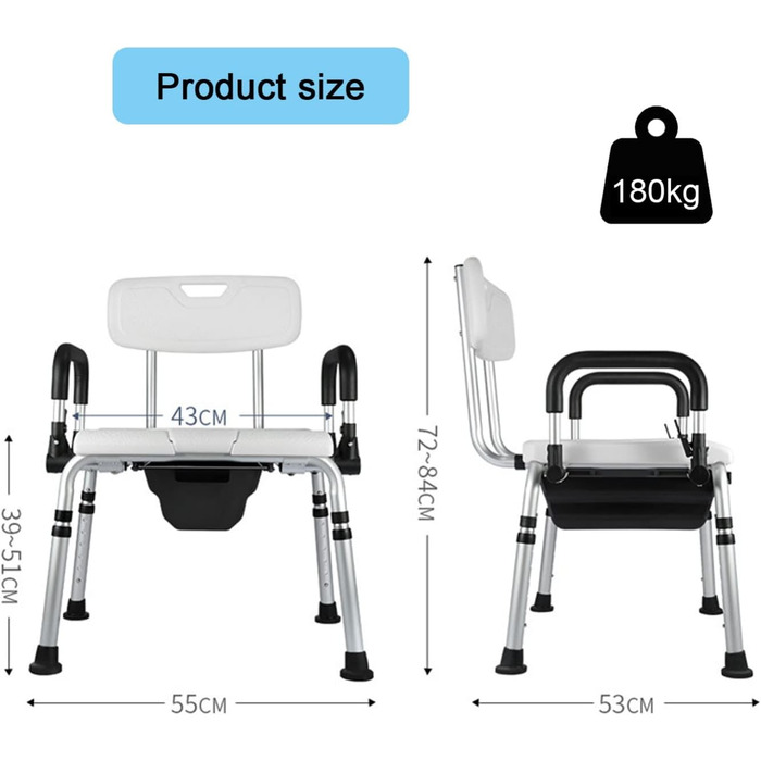 Туалетне крісло UHJKLA, регульоване по висоті крісло з відром для туалету, приліжкове крісло, нековзний душ, нічний засіб для купання, багатофункціональне крісло для душу зі спинкою підлокітника
