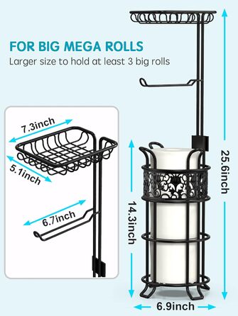 Підставка для тримача туалетного рулону з полицею, окремо стоячий диспенсер для туалетного рулону на 3 великі рулони паперу jumbo mega, для ванних кімнат будинків на колесах, квітковий візерунок, чорний