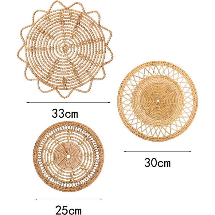 Набір декору підвісних настінних кошиків HLTER з 3 шт. , декоративні настінні кошики в стилі бохо ручної роботи круглі натуральні плетені настінні прикраси з ротанга для домашнього настінного дисплея, хакі