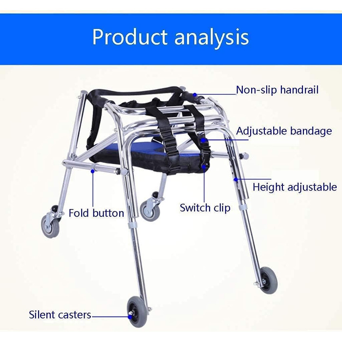 Прогулянкова рама з колесами для дітей, допоміжний засіб для ходьби з тягою троса, допоміжний засіб для ходьби, що встановлюється ззаду, розбірний, проти спини, регульований по висоті, для реабілітації дітей з церебральним паралічем
