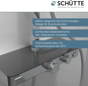 Душова система Schtte OCEAN з термостатом і скляною поличкою для душу 30x30 см, тропічним душем з настінним кронштейном і душовою лійкою, душова панель, хром/антрацит 60531