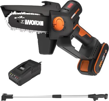 Міні-бензопила WORX NITRO з акумулятором 5 дюймів, з подовжувачем 125 см, WG325E.1, одноручна батарея бензопили 20 В, PowerShare, безщітковий двигун, довжина шини 12 см, включаючи акумулятор і зарядний пристрій WG325E.1 ((безщітковий з подовжувачем)