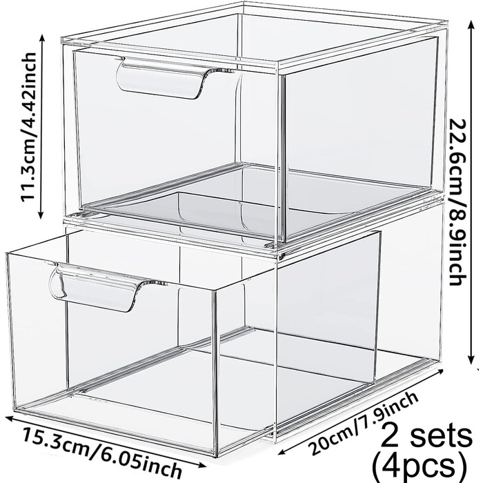 Органайзер для косметики AKOLAFE 4 шт. Органайзер для великих ящиків Органайзер для туалетного столика Штабельована коробка для зберігання 20x15x11 см Пластиковий акриловий косметичний органайзер для зберігання для ванної кімнати, макіяжу