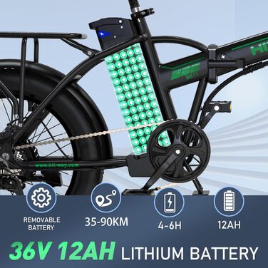 Електричний велосипед E-bike складний велосипед, акумулятор 36V 12Ah/48V 15Ah, максимальний запас ходу до 35-90км/45-100км, позашляховий гірський велосипед з 7 передачами, міський електронний велосипед чорно-зелені шини 36V 12AH/3,0, 20'*3,0/20'*4,0 Fat T