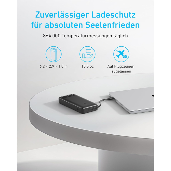 Портативний зарядний пристрій Anker на 20 000 мАг з інтегрованим кабелем USB-C, максимальна потужність акумулятора 87 Вт, 2 USB-C та 1 USB-A, чорний