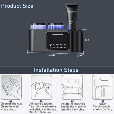 Тримач для зубних щіток, багатофункціональний тримач для електричних зубних щіток, настінний з інтелектуальним сушінням і очищенням, тримач для зубних щіток із сонячною зарядкою, органайзер для зубних щіток із 2 чашками, 4