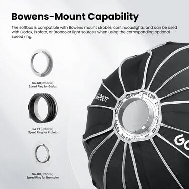 Швидкознімний параболічний софтбокс складаний з решіткою Honeycomb, кріпленням Bowen, чохлом для перенесення дифузора для Godox MS300 MS300-V SK400II DP400III QT600III SL60 SL60II SL150III, 60T 60