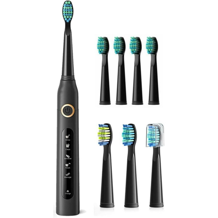 Чорний, 5 Modes Timer 8 Replacement Heads Electric Toothbrush for Adults -