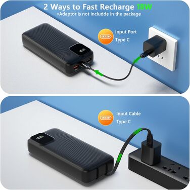 З кабелем USB C Power Bank Швидка зарядка Портативний зарядний пристрій 22,5 Вт Швидка зарядка зі світлодіодним дисплеєм Зовнішня батарея мобільного телефону Сумісний з iPhone, Huawei, Samsung тощо., 27000mAh