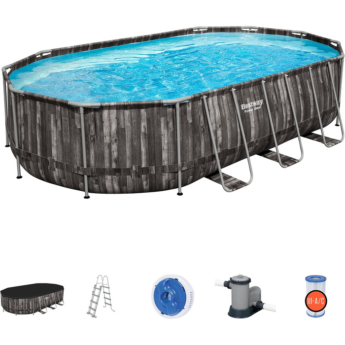 Басейн Bestway Power Steel Frame Pool Complete with Filter Pump 610 x 366 x 122 см, Wood Look (Bog Oak), Oval