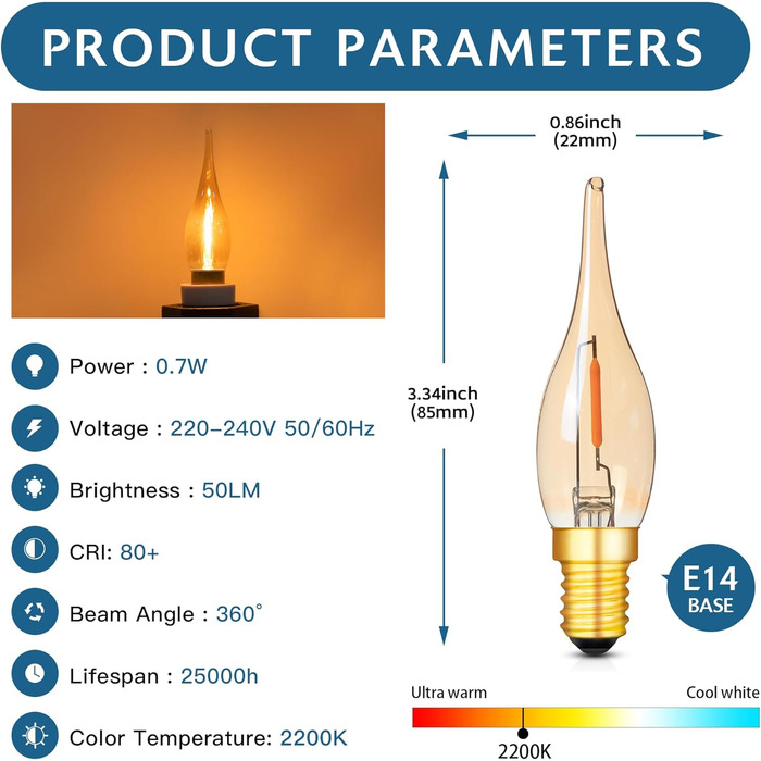Світлодіодна лампа свічка ретро старовинна лампа розжарювання свічка лампа C22 0,7 Вт замінює 7 Вт 2200K ультратепла, 50 люмен канделябра люстра соляна лампа нічник, 220 В-240 В, 6 упаковок, 14