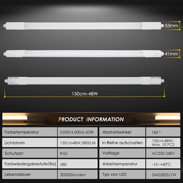 Вологе світло Cresmar LED 150 см, серія світлодіодних трубок 48 Вт 5800 ЛМ, 6500K холодний білий, водонепроникна волога лампа IP65, підвальна лампа Світлодіодна люмінесцентна трубка для гаража Майстерня Передпокій