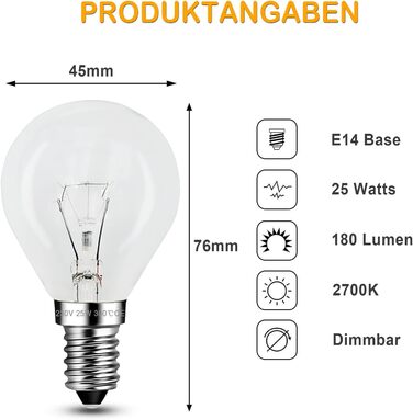 Лампа для духовки EASYIVY E14 G45, лампочка для духовки E14 з регулюванням яскравості, 45мм х 76мм, термостійка до 300C, 2700K теплий білий 240V Лампочка E14 для AEG/Bosch/Siemens/Neff/Hotpoint, 2 шт.