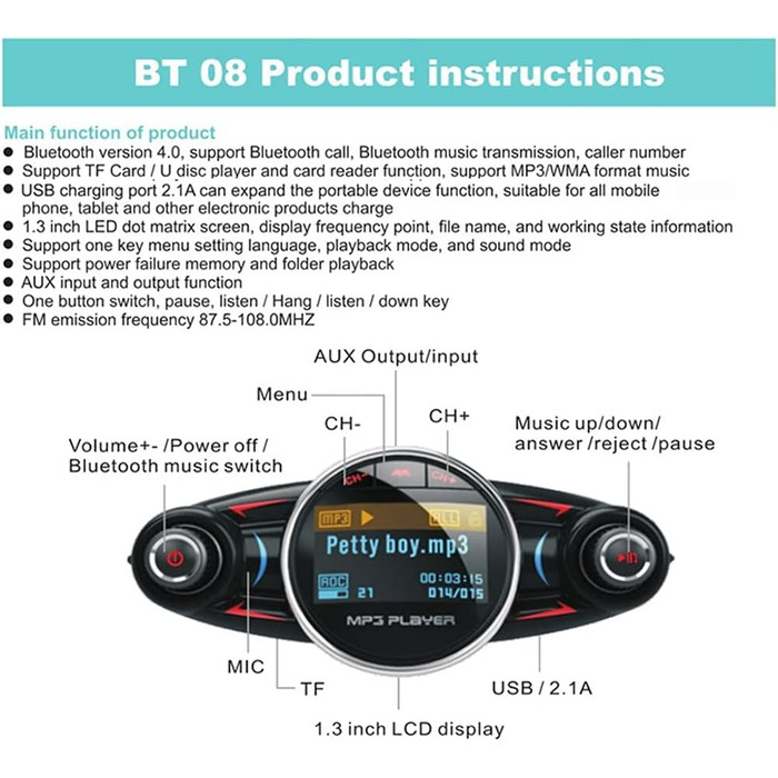 Автомобільний MP3-плеєр Bluetooth FM-передавач Bluetooth AUX аудіоприймач Автомобільний стереоадаптер з обертанням на 180 градусів з автомобільним зарядним пристроєм USB