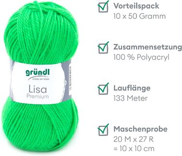 Пряжа Grndl Lisa Premium Uni Knitting & Chet Yarn (м'яка і вовняна характер, проста в догляді миється трикотажна пряжа з 100 поліакрилу, 50 г/ 133 м, розмір голки 3,5 - 4,5, 10 кульок по 50 г кожен), (неоново-зелений)