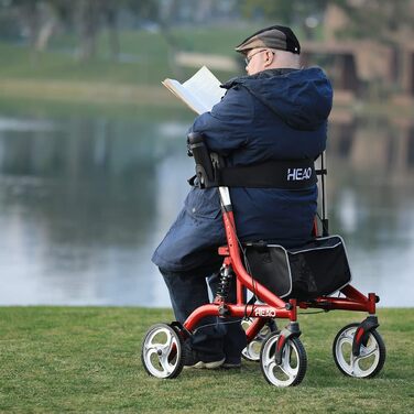 Допоміжний засіб для ходьби HEAO Rollator з сидінням, допоміжний засіб для ходьби підходить для людей похилого віку, колеса 4 x 25.4 см з амортизаторами, легкі ходунки лише 9 кг, до 159 кг з навантаженням, червоний