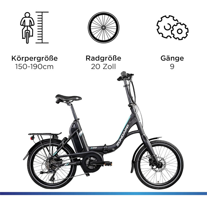 Дюймовий складаний велосипед для чоловіків та жінок 150-190 см Bosch Ebike середній двигун з 9-швидкісною втулкою Електричний велосипед 400 Вт батарея складаний велосипед 45 см чорний/бірюзовий, 100 E Bike 20-