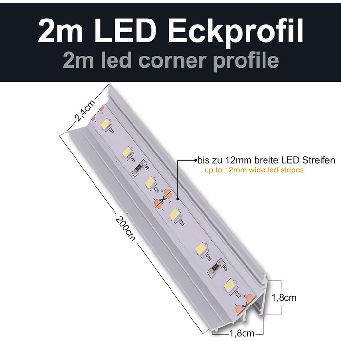 Однованний світлодіодний алюмінієвий профіль 2м в одному шматку I світлодіодний кутовий профіль 2м 45 градусів I Світлодіодний алюмінієвий профіль I Алюмінієвий профіль для світлодіодних стрічок I світлова стрічка I x2м (10)