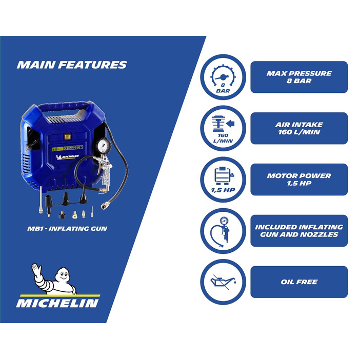 Портативний повітряний компресор Michelin MB1, безмасляний повітряний компресор зі шлангом 1 м, компресор шин з манометром і 6 перехідниками клапанів, максимальний тиск 8 бар, потужність 1,5 к.с.