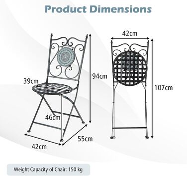 Комплект з 2 розкладних стільців, мозаїка, металеве крісло для патіо, декоративна спинка, максимальне навантаження 150 кг, для вітальні, саду, їдальні, QS44583-5FR