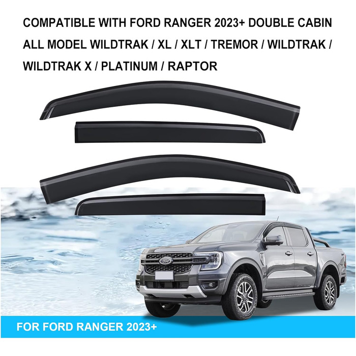 Вітровий дефлектор JHCHAN для аксесуарів Ford Ranger 2023 2024, Wildtrak Raptor Platinum Tremor XL XLT T9 Подвійні вікна кабіни, зовнішній чохол від дощу, наклейка, димчастий чорний, PMMA, 4 шт. и на 2023 рік 2024 Ranger