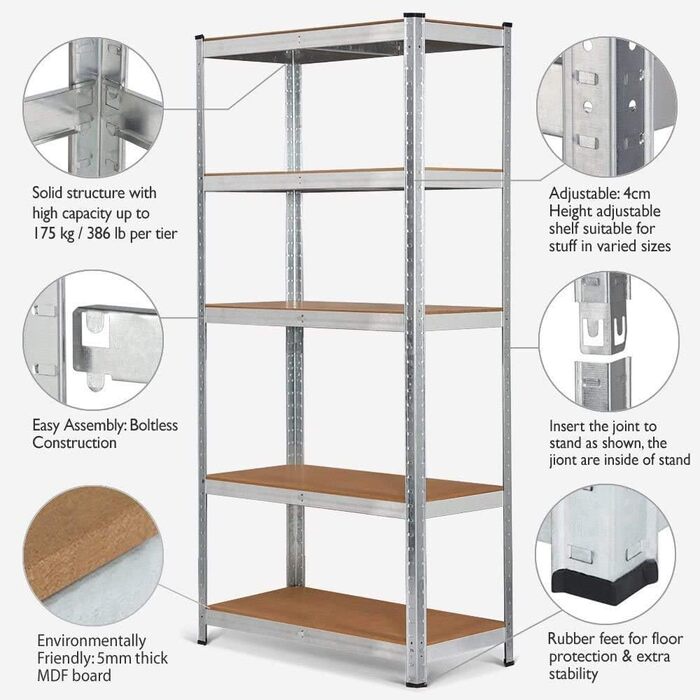 Полиця для зберігання Royalswill Heavy Duty Shelf, 170 x 75 x 30 см - Металева полиця Підвальна полиця Полиця Майстерня без болтів Полиця з 5 суцільними полицями МДФ панелі, вантажопідйомність до 875 кг, Оцинкована 170x75x30см Оцинкована