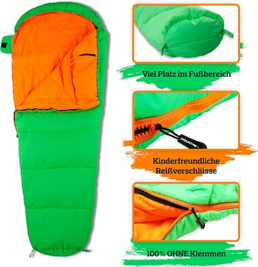 Дитячий спальний мішок MOUNTREX - Портативний, як рюкзак - Спальний мішок для дітей (175 x 70 x 45 см) - На відкритому повітрі, в подорожах, кемпінгу - Спальний мішок для мами Легкий та компактний - Внутрішня підкладка з 100 бавовни Зелений/помаранчевий 1
