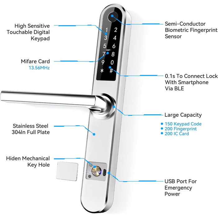 Тонкий дверний замок із відбитком пальця Ruveno, розумний дверний замок із ручкою, цифровий дверний замок, інтелектуальний замок проти крадіжки (сріблястий)