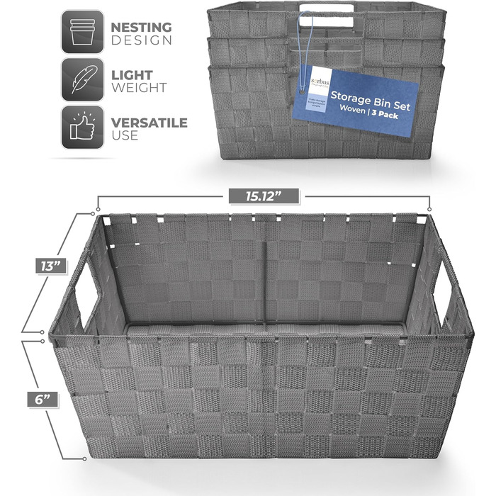 Набір кошиків для сміття Sorbus Woven Basket - Поличний кошик для зберігання домашніх речей - штабельований з тканими ременями та інтегрованими ручками для перенесення (сірий)