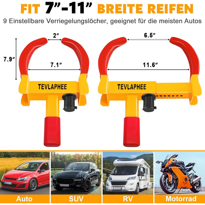 Паркувальний кіготь Tevlaphee Wheel Claw з запобіжним замком і 3 ключами для автомобільного причепа - ширина шини 19-30 см - Ободний кіготь Кіготь Кіготь Іммобілайзер Протиугінний пристрій Червоний і Жовтий-1