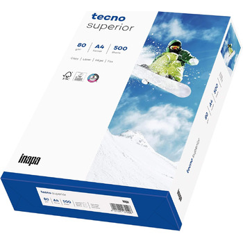 Принтер/копіювальний папір Tecno Superior 80 г/м, А4, 500 аркушів, яскраво-білий, 2 отвори з перфорацією 80 г/м 500 аркушів 2-кратний перфорований одинарний