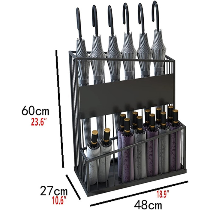 Рівнева металева підставка для парасольки, тримач для парасольки, комерційна підставка для парасольки великого обсягу, тримач для парасольки для готельного офісу, органайзер для парасольки для одного (розмір 48x27x60 см/18,9x10,6x23,6 дюйма, колір чорний)
