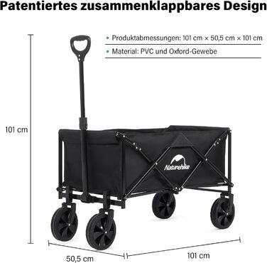 Ручний візок Naturehike Складний ручний візок 220 л/100 кг, збірка не потрібна Складний візок Утилітарний візок з універсальними колесами та регульованою ручкою, чорний