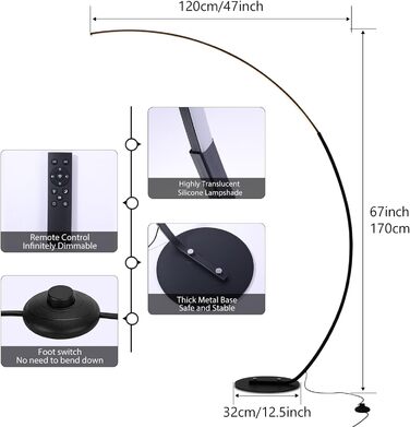 Світлодіодний торшер Aanyhoh Дугова лампа з регулюванням яскравості Вітальня, 25 Вт Чорний торшер з пультом дистанційного керування, Сучасна дугова лампа 3 Колірна температура та функція пам'яті, Лампа для читання для дивана Офісна спальня, В 170 см