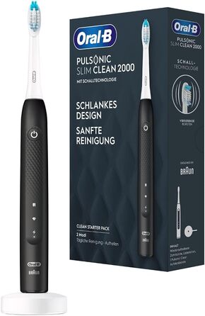 Електрична зубна щітка Oral-B Pulsonic Slim Clean 2000 для дбайливого чищення, 2 програми чищення, щітки Black & Oral-B Pulsonic Clean для звукових зубних щіток, 4 шт. и в комплекті зі щітками