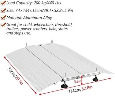 Алюмінієвий пандус для інвалідного візка висотою 2,5/4/6 дюйма для входу, мостові пандуси з регульованими ніжками, легкі пандуси для відкривання дверей (розмір 74 x 134 x 15 см) 74x134x15 см/29,52,8x5,9 дюймів