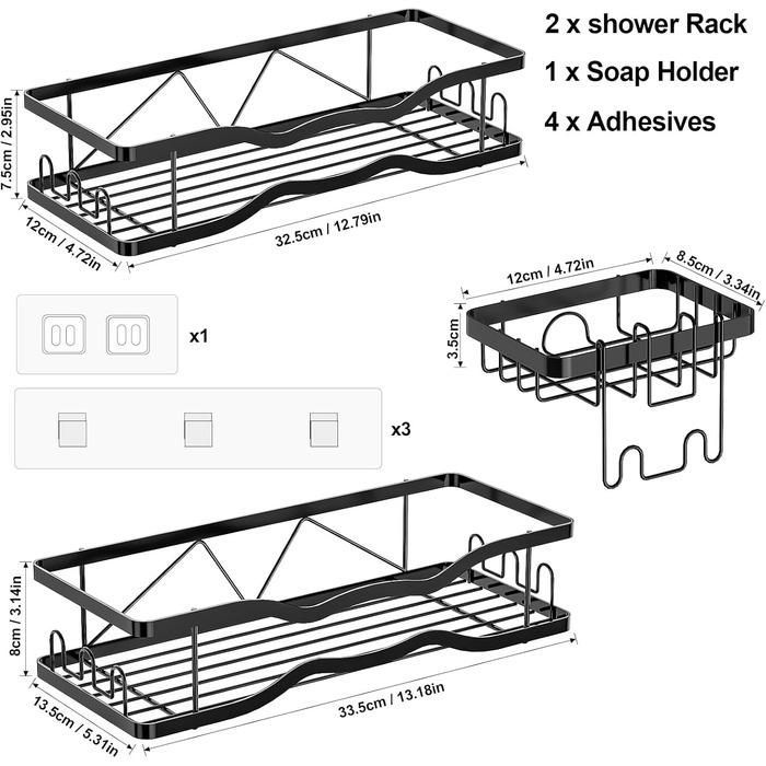 Душова полиця без свердління - Душова полиця чорна - Поличка для ванної з нержавіючої сталі з мильницею - 3 шт. , тримач для шампуню для душу