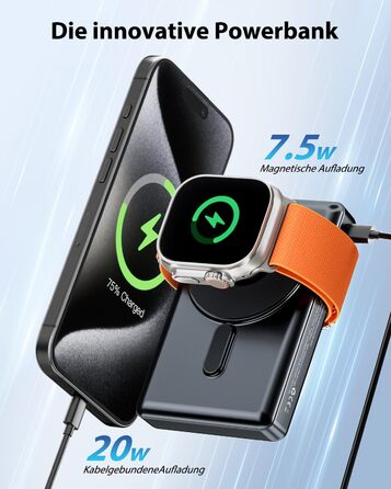 Для iPhone та Apple Watch, 3 в 1 складна магнітна батарея для швидкої зарядки 20W PD зі світлодіодним дисплеєм для iPhone серії 16/15/14/13/12, 10,000mAh