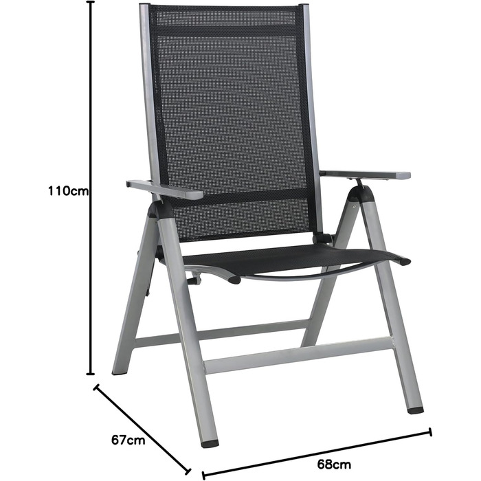 Розкладне крісло Monza Comfort срібло/чорне, для використання в приміщенні та на вулиці, стілець з регульованою спинкою в 7 напрямках, стійкий до забруднень і легко чиститься, розміри сидіння приблизно 55 x 42 x 44 см