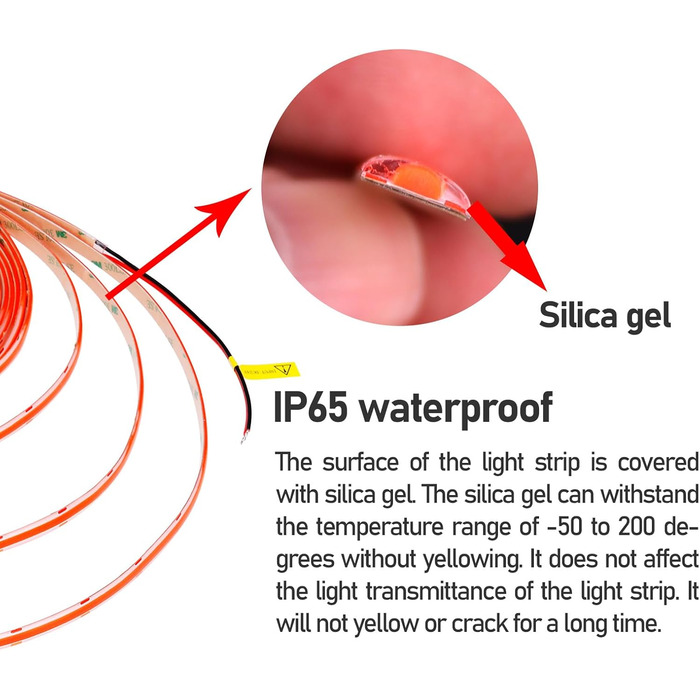 Світлодіодна стрічка GOMING 24 В COB 3000K 5M водонепроникна світлодіодна стрічка IP65 480 світлодіодів / м Без світлових плям CRI 93 Світлодіодна стрічка високої яскравості 4300 лм для прикраси домашньої кухні (тільки стрічка) (червона, 10 метрів)