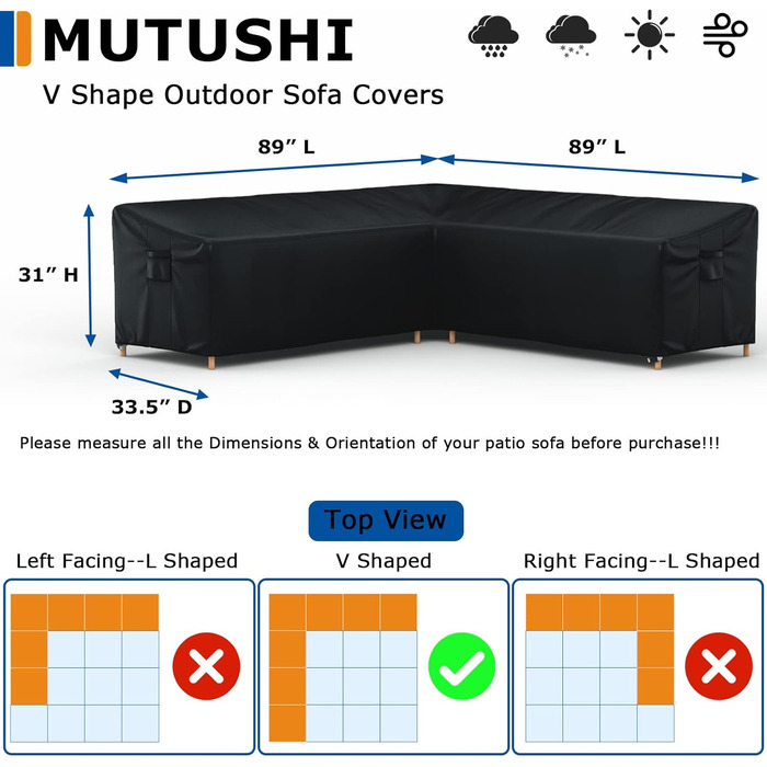 Чохол для вуличних меблів MUTUSHI, водонепроникний, V-подібні чохли для патіо, 226.226.1 см, водонепроникний, тераса для патіо, газон, відкритий секційний диван набір чохлів на диван, 226.26.84.9V у формі-89'x89 чорний