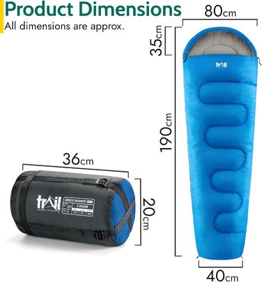 Спальний мішок для дорослих на 1 особу Trail - 3-сезонний, 300 GSM, з компресійним мішком, блакитний